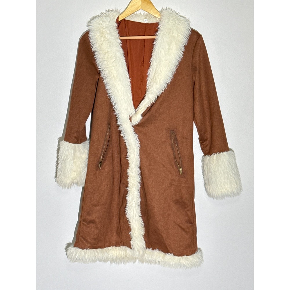 Brown Faux Suede Penny Lane Afghan Coat Womens M Lightweight Faux Fur 70s Boho